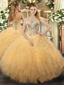 Sweetheart Sleeveless Ball Gown Prom Dress Floor Length Beading and Ruffles Gold Tulle