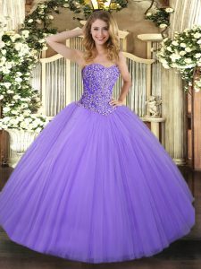 Super Lavender Tulle Lace Up Sweetheart Sleeveless Floor Length Ball Gown Prom Dress Beading