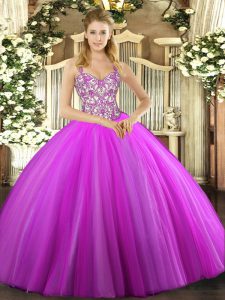 Adorable Tulle Sleeveless Floor Length 15th Birthday Dress and Beading and Appliques