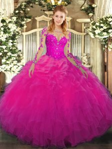 Dynamic Long Sleeves Lace and Ruffles Lace Up Quince Ball Gowns