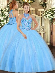 Sexy Sleeveless Floor Length Embroidery Lace Up Quinceanera Gowns with Baby Blue