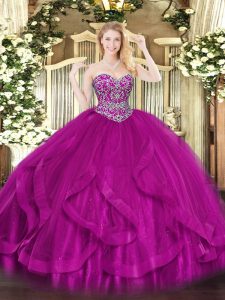 Floor Length Fuchsia Sweet 16 Dresses Sweetheart Sleeveless Lace Up