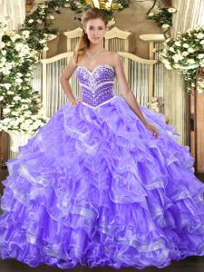 Fabulous Lavender Ball Gowns Sweetheart Sleeveless Organza Floor Length Lace Up Beading and Ruffled Layers Sweet 16 Quinceanera Dress