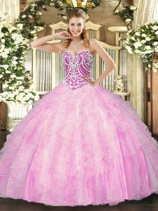 Rose Pink Tulle Lace Up Quince Ball Gowns Sleeveless Floor Length Beading and Ruffles
