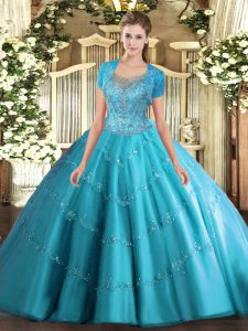 Suitable Aqua Blue Ball Gowns Tulle Scoop Sleeveless Beading and Appliques Floor Length Clasp Handle Vestidos de Quinceanera