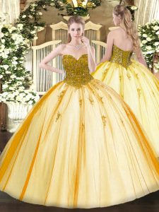 Attractive Tulle Sweetheart Sleeveless Lace Up Beading Quinceanera Dresses in Gold
