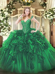 Custom Fit Green Sweet 16 Dress Military Ball and Sweet 16 and Quinceanera with Beading and Ruffles V-neck Sleeveless Lace Up