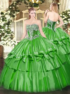 Affordable Green Strapless Neckline Beading and Ruffled Layers Quinceanera Dresses Sleeveless Lace Up