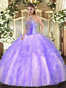 Stunning Sleeveless Floor Length Beading and Ruffles Lace Up Quinceanera Gown with Lavender