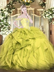 Off The Shoulder Sleeveless Organza Vestidos de Quinceanera Beading and Ruffles Lace Up