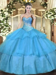 Custom Design Sleeveless Floor Length Beading and Ruffled Layers Lace Up Quince Ball Gowns with Aqua Blue