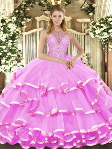 Lilac Sleeveless Organza Lace Up Quinceanera Dress for Military Ball and Sweet 16 and Quinceanera
