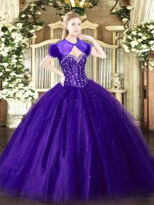 Purple Sleeveless Floor Length Beading Lace Up 15 Quinceanera Dress