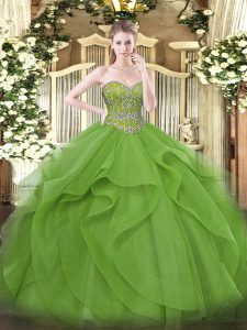 Olive Green Lace Up Sweetheart Beading and Ruffles Sweet 16 Dress Tulle Sleeveless