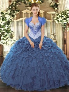 Discount Floor Length Lace Up Ball Gown Prom Dress Navy Blue for Military Ball and Sweet 16 and Quinceanera with Beading and Ruffles