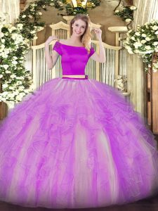 Stunning Lilac Tulle Zipper Quinceanera Dress Short Sleeves Floor Length Appliques and Ruffles