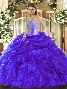 Elegant Blue Sleeveless Organza Lace Up 15th Birthday Dress for Military Ball and Sweet 16 and Quinceanera