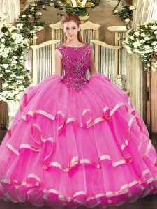 Hot Selling Scoop Sleeveless Zipper Sweet 16 Dress Fuchsia Organza