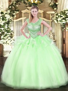 Top Selling Sleeveless Floor Length Beading Lace Up 15th Birthday Dress with Apple Green
