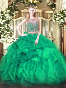 Sumptuous Scoop Sleeveless Organza Sweet 16 Dresses Beading and Ruffles Lace Up