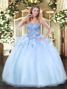 Latest Light Blue Sleeveless Appliques Floor Length Sweet 16 Dress