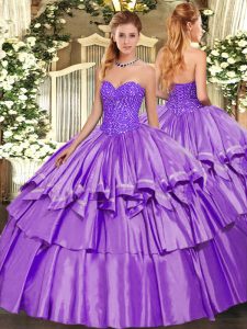 Wonderful Lavender Quince Ball Gowns Military Ball and Sweet 16 and Quinceanera with Beading and Ruffles Sweetheart Sleeveless Lace Up
