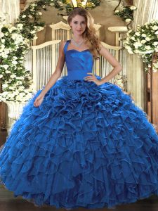 Blue Sleeveless Organza Lace Up Quinceanera Gowns for Military Ball and Sweet 16 and Quinceanera