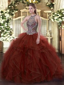 Dynamic Rust Red Halter Top Lace Up Beading and Ruffles Quinceanera Dress Sleeveless