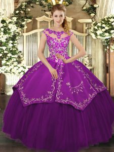 Satin and Tulle Scoop Cap Sleeves Lace Up Embroidery Quinceanera Gown in Eggplant Purple