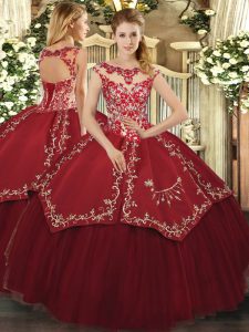 Ball Gowns Quinceanera Dresses Wine Red Scoop Satin and Tulle Cap Sleeves Floor Length Lace Up
