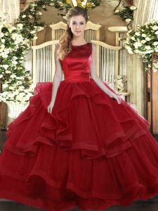 Adorable Wine Red Quinceanera Gowns Military Ball and Sweet 16 and Quinceanera with Ruffled Layers Scoop Sleeveless Lace Up