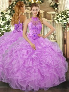 Dazzling Organza Halter Top Sleeveless Lace Up Beading and Ruffles Vestidos de Quinceanera in Lavender