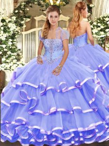 Appliques and Ruffled Layers Sweet 16 Quinceanera Dress Lavender Lace Up Sleeveless Floor Length
