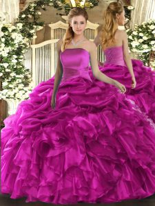 Eye-catching Organza Strapless Sleeveless Lace Up Ruffles and Pick Ups Vestidos de Quinceanera in Fuchsia