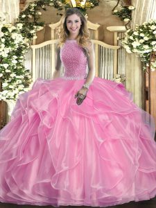 Inexpensive Rose Pink High-neck Neckline Beading and Ruffles Sweet 16 Dresses Sleeveless Lace Up