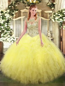 Sleeveless Beading and Ruffles Lace Up Quince Ball Gowns