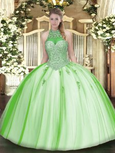 Tulle Halter Top Sleeveless Lace Up Beading and Appliques Ball Gown Prom Dress in