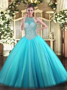 Hot Sale Floor Length Aqua Blue Ball Gown Prom Dress Tulle Sleeveless Beading
