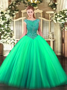 New Arrival Turquoise Zipper Scoop Beading 15th Birthday Dress Tulle Sleeveless