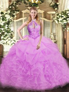 Popular Sleeveless Organza Floor Length Lace Up Sweet 16 Dresses in Lilac with Beading