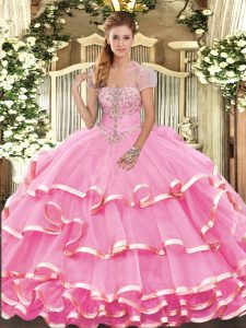Traditional Rose Pink Sleeveless Appliques and Ruffled Layers Floor Length Sweet 16 Dresses