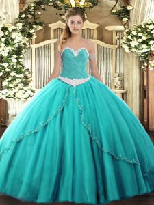 Sleeveless Appliques Lace Up Sweet 16 Dress with Turquoise Brush Train