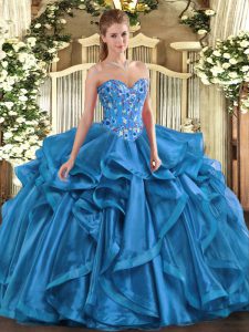 Embroidery and Ruffles 15 Quinceanera Dress Blue Lace Up Sleeveless Floor Length