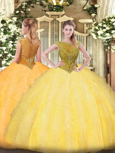 Gold Tulle Zipper Scoop Sleeveless Floor Length Quince Ball Gowns Beading and Ruffles
