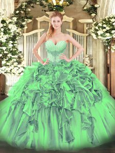 Custom Designed Organza Sweetheart Sleeveless Lace Up Beading and Ruffles Quince Ball Gowns in
