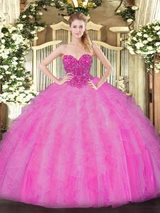 Fashion Sleeveless Floor Length Beading and Ruffles Lace Up Sweet 16 Dresses with Fuchsia