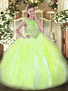 Floor Length Lace Up Ball Gown Prom Dress Yellow Green for Sweet 16 and Quinceanera with Beading and Ruffles