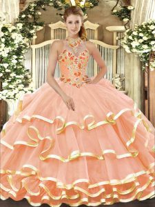Sleeveless Floor Length Beading and Embroidery Lace Up Quinceanera Dress with Peach