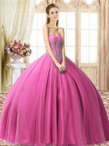Floor Length Lace Up Quince Ball Gowns Fuchsia for Military Ball and Sweet 16 and Quinceanera with Beading