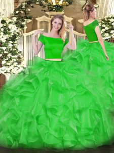 Green Short Sleeves Floor Length Appliques and Ruffles Zipper Quince Ball Gowns